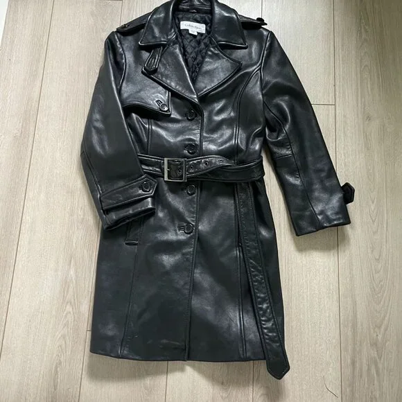 Calvin Klein Genuine Leather Trench Coat Women Small Black Classic Elegant Retro - Picture 3 of 15